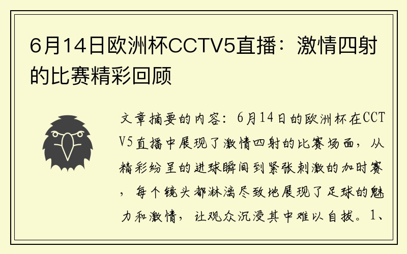 6月14日欧洲杯CCTV5直播：激情四射的比赛精彩回顾